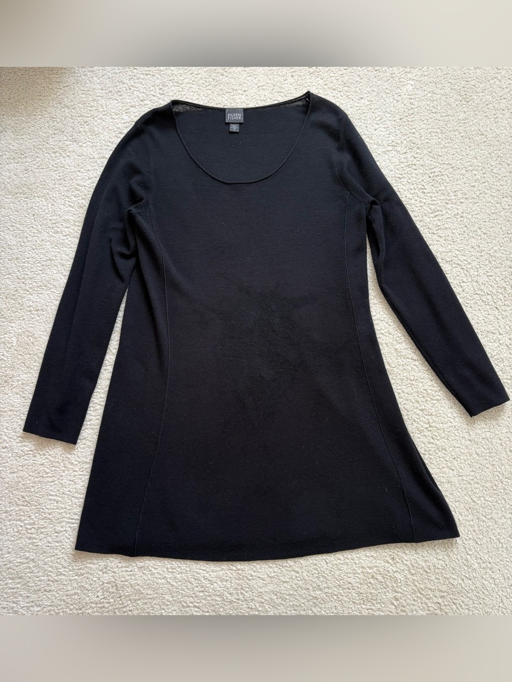 Eileen Fisher black long sleeve scoop fit flare tunic merino wool sweater sz M